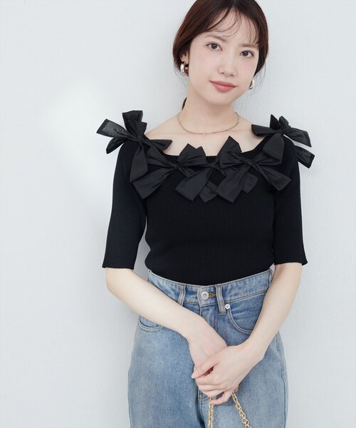 natural couture(ナチュラルクチュール)の「リボン×リボンリブニット(ニット/セーター・レディース・オフホワイト/ネイビー/ブラック・FREE)」の12枚目の写真