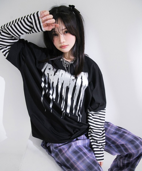 ロゴボーダー長袖レイヤードカットソー（Tシャツ/カットソー