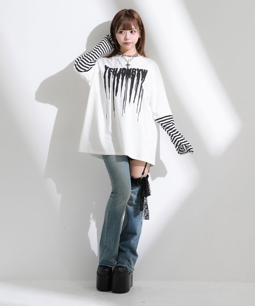 Diable baiser（ディアブルベーゼ）の「ロゴボーダー長袖レイヤードカットソー（Tシャツ/カットソー・レディース・グリーン系その他/ホワイト/グリーン/ホワイト系その他/ブラック/ブラック系その他・MEDIUM/3L）」の20枚目の写真