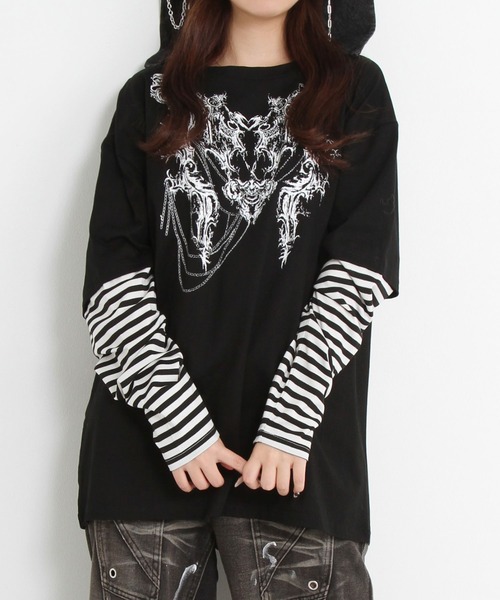 Diable baiser（ディアブルベーゼ）の「ロゴボーダー長袖レイヤードカットソー（Tシャツ/カットソー・レディース・グリーン系その他/ホワイト/グリーン/ホワイト系その他/ブラック/ブラック系その他・MEDIUM/3L）」の16枚目の写真