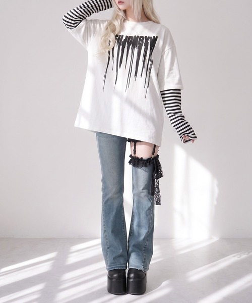 Diable baiser（ディアブルベーゼ）の「ロゴボーダー長袖レイヤードカットソー（Tシャツ/カットソー・レディース・グリーン系その他/ホワイト/グリーン/ホワイト系その他/ブラック/ブラック系その他・MEDIUM/3L）」の13枚目の写真