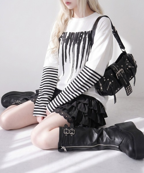Diable baiser（ディアブルベーゼ）の「ロゴボーダー長袖レイヤードカットソー（Tシャツ/カットソー・レディース・グリーン系その他/ホワイト/グリーン/ホワイト系その他/ブラック/ブラック系その他・MEDIUM/3L）」の14枚目の写真