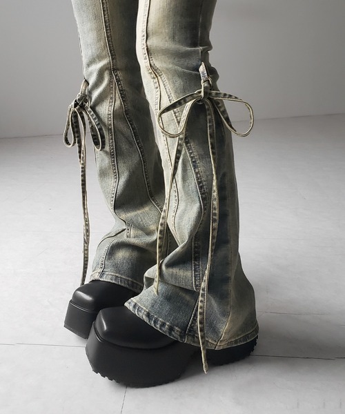 me+em select(ミームセレクト)の「【 3color / 4size 】ストラップリボンヴィンテージストレッチフレアデニム / strap ribbon vintage stretch flare denim(デニムパンツ・レディース・ブラック/ブルー/ダークブラック・SMALL/MEDIUM/LARGE/X-LARGE)」の10枚目の写真