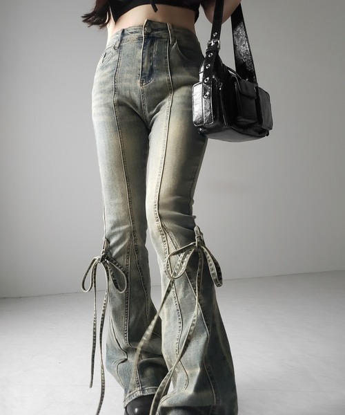 me+em select(ミームセレクト)の「【 3color / 4size 】ストラップリボンヴィンテージストレッチフレアデニム / strap ribbon vintage stretch flare denim(デニムパンツ・レディース・ブラック/ブルー/ダークブラック・SMALL/MEDIUM/LARGE/X-LARGE)」の13枚目の写真