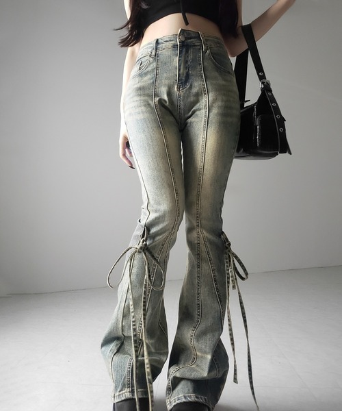 me+em select(ミームセレクト)の「【 3color / 4size 】ストラップリボンヴィンテージストレッチフレアデニム / strap ribbon vintage stretch flare denim(デニムパンツ・レディース・ブラック/ブルー/ダークブラック・SMALL/MEDIUM/LARGE/X-LARGE)」の14枚目の写真