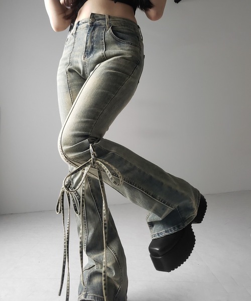 me+em select(ミームセレクト)の「【 3color / 4size 】ストラップリボンヴィンテージストレッチフレアデニム / strap ribbon vintage stretch flare denim(デニムパンツ・レディース・ブラック/ブルー/ダークブラック・SMALL/MEDIUM/LARGE/X-LARGE)」の15枚目の写真