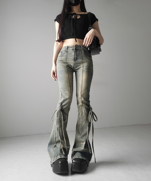 me+em select(ミームセレクト)の「【 3color / 4size 】ストラップリボンヴィンテージストレッチフレアデニム / strap ribbon vintage stretch flare denim(デニムパンツ・レディース・ブラック/ブルー/ダークブラック・SMALL/MEDIUM/LARGE/X-LARGE)」の22枚目の写真