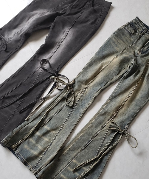 me+em select(ミームセレクト)の「【 3color / 4size 】ストラップリボンヴィンテージストレッチフレアデニム / strap ribbon vintage stretch flare denim(デニムパンツ・レディース・ブラック/ブルー/ダークブラック・SMALL/MEDIUM/LARGE/X-LARGE)」の5枚目の写真