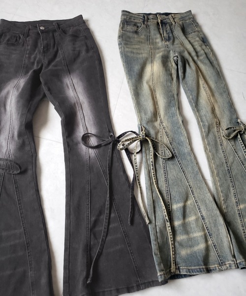 me+em select(ミームセレクト)の「【 3color / 4size 】ストラップリボンヴィンテージストレッチフレアデニム / strap ribbon vintage stretch flare denim(デニムパンツ・レディース・ブラック/ブルー/ダークブラック・SMALL/MEDIUM/LARGE/X-LARGE)」の7枚目の写真