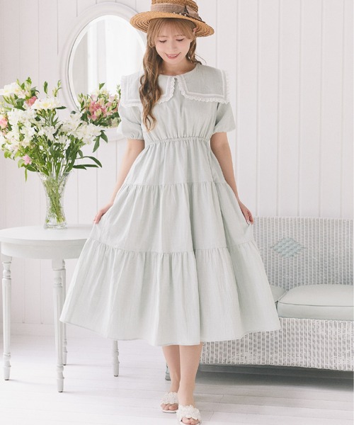 Areeam(アリーム)の「スクエアカラーティアードワンピース(ワンピース・レディース・オフホワイト/ライトグリーン・FREE)」の2枚目の写真