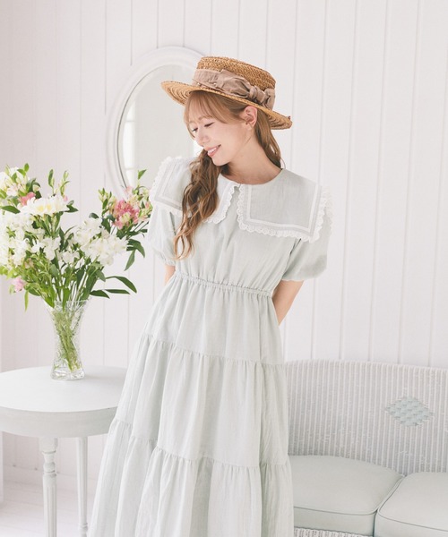 Areeam(アリーム)の「スクエアカラーティアードワンピース(ワンピース・レディース・オフホワイト/ライトグリーン・FREE)」の4枚目の写真