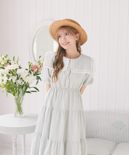 Areeam(アリーム)の「スクエアカラーティアードワンピース(ワンピース・レディース・オフホワイト/ライトグリーン・FREE)」の5枚目の写真