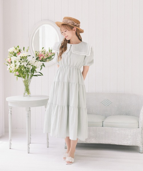 Areeam(アリーム)の「スクエアカラーティアードワンピース(ワンピース・レディース・オフホワイト/ライトグリーン・FREE)」の3枚目の写真