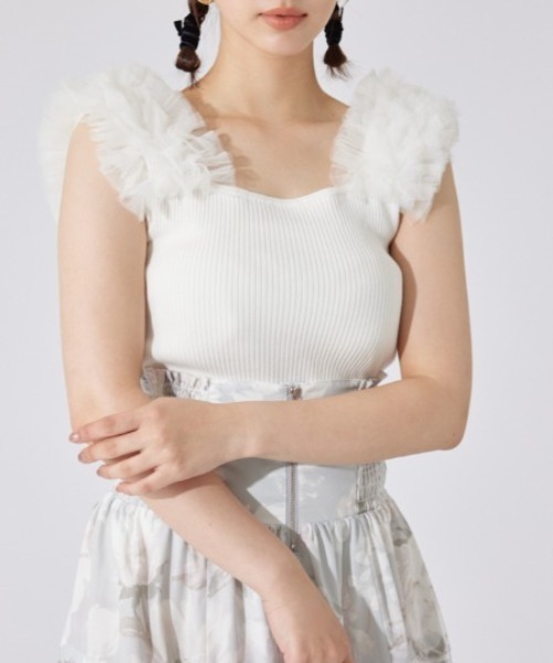 ニット セーター ショルダーチュールコンビニットトップス(2) サマーニット 夏服 ノースリーブトップス レディース セール】ショルダーチュールコンビニットトップス② サマー