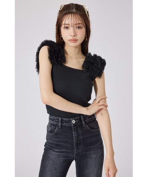 ニット セーター ショルダーチュールコンビニットトップス(2) サマーニット 夏服 ノースリーブトップス レディース セール】ショルダーチュールコンビニットトップス② サマー