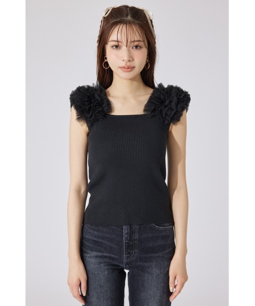 rienda(リエンダ)の「ショルダーチュールコンビニットトップス② サマーニット 夏服 ノースリーブトップス(ニット/セーター・レディース・アイボリー/ブラック/ブラウン・FREE)」の5枚目の写真