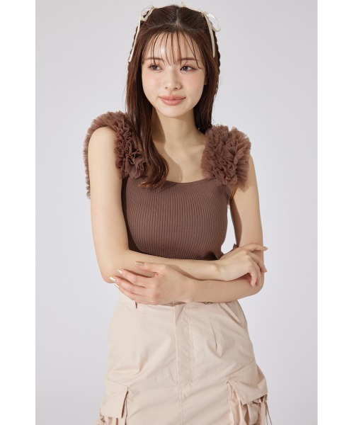 rienda(リエンダ)の「ショルダーチュールコンビニットトップス② サマーニット 夏服 ノースリーブトップス(ニット/セーター・レディース・アイボリー/ブラック/ブラウン・FREE)」の7枚目の写真