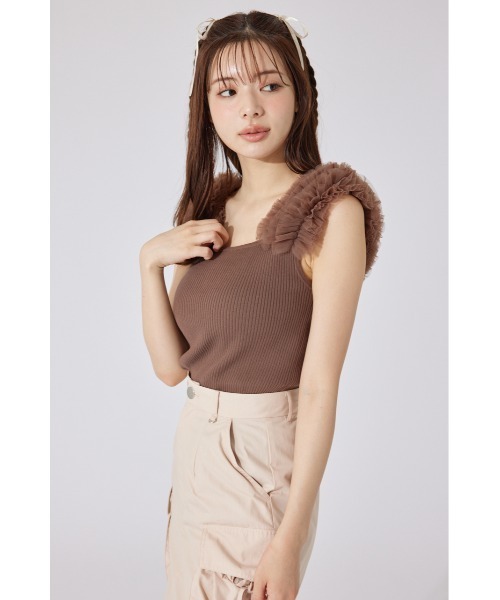 ニット セーター ショルダーチュールコンビニットトップス(2) サマーニット 夏服 ノースリーブトップス レディース セール】ショルダーチュールコンビニットトップス② サマー
