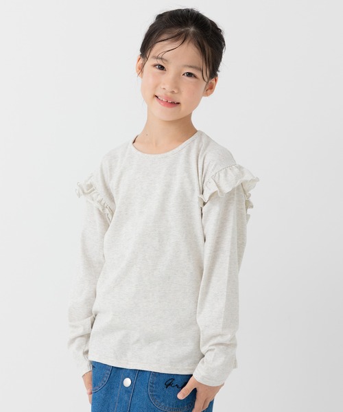 chil2(チルツー)の「綿100% 無地 フリル長袖Tシャツ(Tシャツ/カットソー・キッズ・ミント/スモークピンク/ラベンダー/オートミール/ホワイト/ブラック・150cm/90cm/110cm/100cm/120cm/130cm/140cm/80cm)」の3枚目の写真