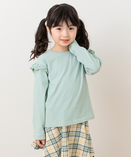 chil2(チルツー)の「綿100% 無地 フリル長袖Tシャツ(Tシャツ/カットソー・キッズ・ミント/スモークピンク/ラベンダー/オートミール/ホワイト/ブラック・150cm/90cm/110cm/100cm/120cm/130cm/140cm/80cm)」の4枚目の写真
