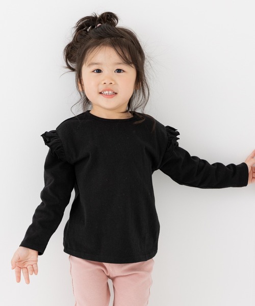 chil2(チルツー)の「綿100% 無地 フリル長袖Tシャツ(Tシャツ/カットソー・キッズ・ミント/スモークピンク/ラベンダー/オートミール/ホワイト/ブラック・150cm/90cm/110cm/100cm/120cm/130cm/140cm/80cm)」の2枚目の写真