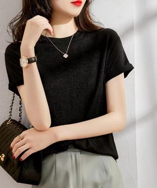 Forcement（フォースメント）の「オフィスシーンにも夏服フィットする半袖サマーニット。（Tシャツ/カットソー・レディース・ブラック/ブルー/グリーン・FREE）」の2枚目の写真