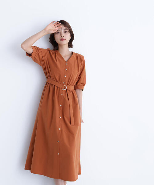 ★ChicLine★ カラーゴールドボタンドベルトワンピース ◇ゴールドボタンベルテッドワンピース(ワンピース)|NATURAL