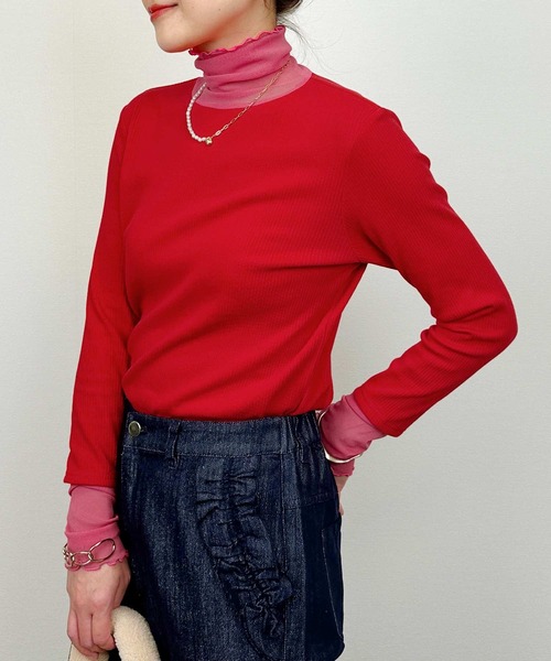 DIARIUM(ディアリウム)の「【日本製】チュール切り替えテレコプルオーバー(Tシャツ/カットソー・レディース・レッド/アイボリー/ブラック・M)」の3枚目の写真