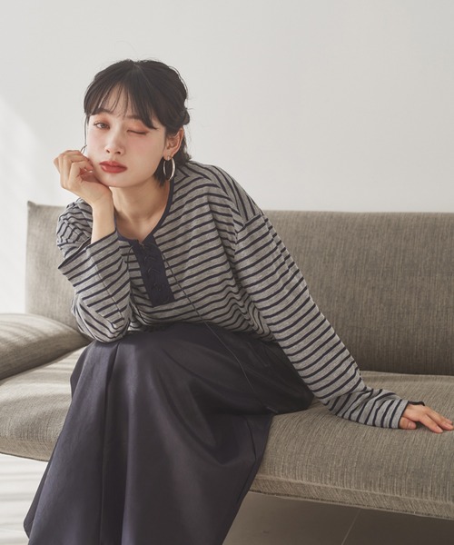 LAULEN（ローレン）の「border lace up tops /ボーダーレースアップトップス（Tシャツ/カットソー・レディース・ブラウン/ブラック/グレー・FREE）」の4枚目の写真
