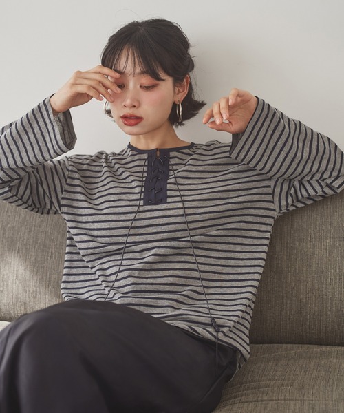 LAULEN（ローレン）の「border lace up tops /ボーダーレースアップトップス（Tシャツ/カットソー・レディース・ブラウン/ブラック/グレー・FREE）」の5枚目の写真
