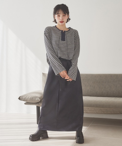 LAULEN（ローレン）の「border lace up tops /ボーダーレースアップトップス（Tシャツ/カットソー・レディース・ブラウン/ブラック/グレー・FREE）」の8枚目の写真