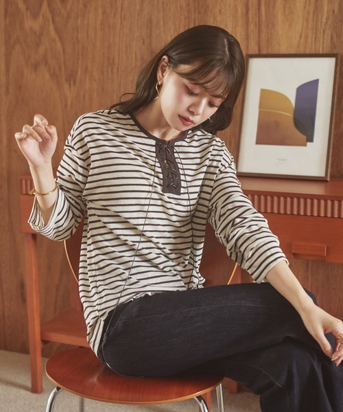 border lace up tops /ボーダーレースアップトップス（Tシャツ