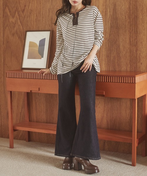 LAULEN（ローレン）の「border lace up tops /ボーダーレースアップトップス（Tシャツ/カットソー・レディース・ブラウン/ブラック/グレー・FREE）」の11枚目の写真