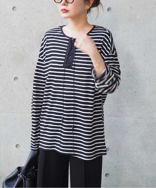 LAULEN（ローレン）の「border lace up tops /ボーダーレースアップトップス（Tシャツ/カットソー・レディース・ブラウン/ブラック/グレー・FREE）」の16枚目の写真