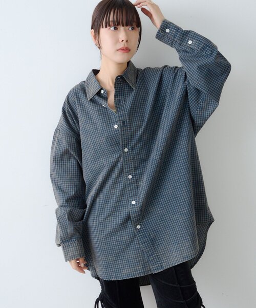 WHIMSIC（ウィムジック）の「【UNISEX】アシッドウォッシュプラッドシャツ（シャツ/ブラウス・メンズ・ネイビー/ベージュ/ブラウン・FREE）」の3枚目の写真