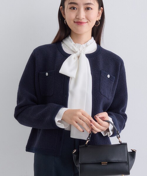 INDIVI(インディヴィ)の「【ミニブークレ素材】ジャケットライクカーディガン(カーディガン/ボレロ・レディース・ブラック/ネイビー/ライトグレー系4・05/13/15 /34/38)」の1枚目の写真