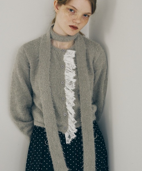 idem（イデム）の「lace frill shaggy knit cardigan / レースシャギー