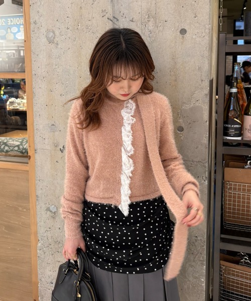 Risley/リズレー　クロスデザインボレロシャギーニット2way idem（イデム）の「lace frill shaggy knit cardigan / レースシャギー