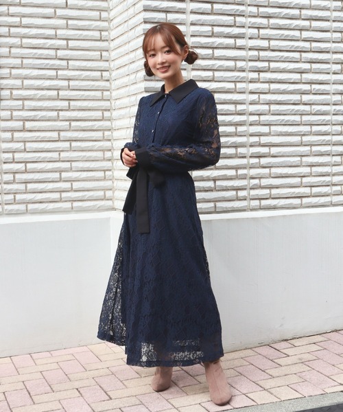 CECIL McBEE（セシルマクビー）の「レース配色クレリックワンピース（ワンピース・レディース・ブラック/アイボリー/ネイビー/ターコイズブルー・MEDIUM）」の3枚目の写真
