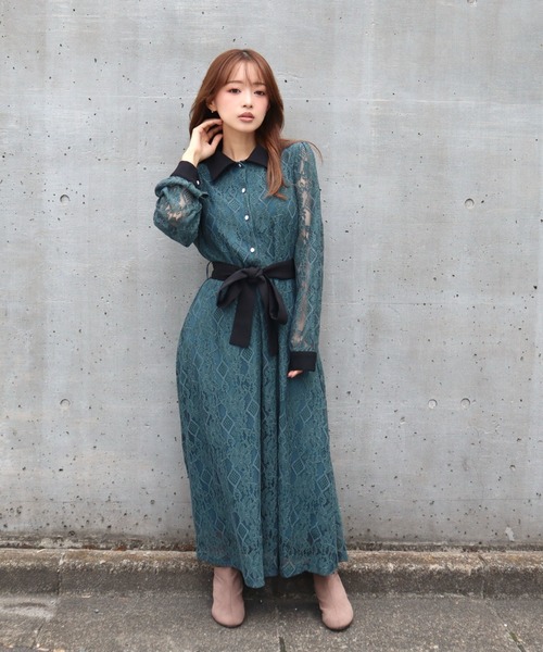 CECIL McBEE（セシルマクビー）の「レース配色クレリックワンピース（ワンピース・レディース・ブラック/アイボリー/ネイビー/ターコイズブルー・MEDIUM）」の4枚目の写真