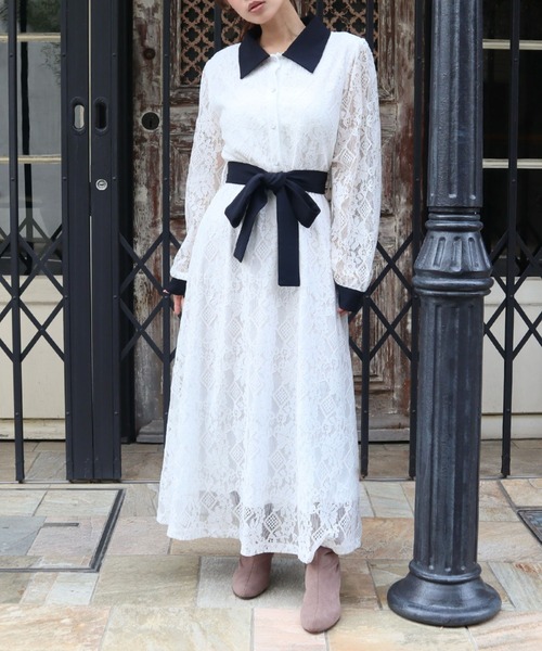 CECIL McBEE（セシルマクビー）の「レース配色クレリックワンピース（ワンピース・レディース・ブラック/アイボリー/ネイビー/ターコイズブルー・MEDIUM）」の5枚目の写真