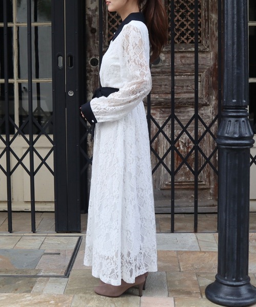 CECIL McBEE（セシルマクビー）の「レース配色クレリックワンピース（ワンピース・レディース・ブラック/アイボリー/ネイビー/ターコイズブルー・MEDIUM）」の6枚目の写真