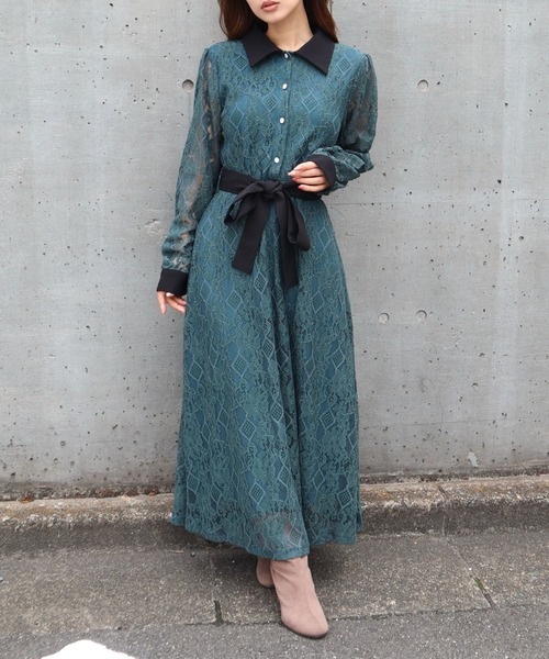 CECIL McBEE（セシルマクビー）の「レース配色クレリックワンピース（ワンピース・レディース・ブラック/アイボリー/ネイビー/ターコイズブルー・MEDIUM）」の12枚目の写真