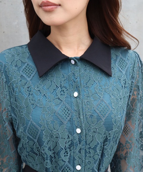 CECIL McBEE（セシルマクビー）の「レース配色クレリックワンピース（ワンピース・レディース・ブラック/アイボリー/ネイビー/ターコイズブルー・MEDIUM）」の16枚目の写真