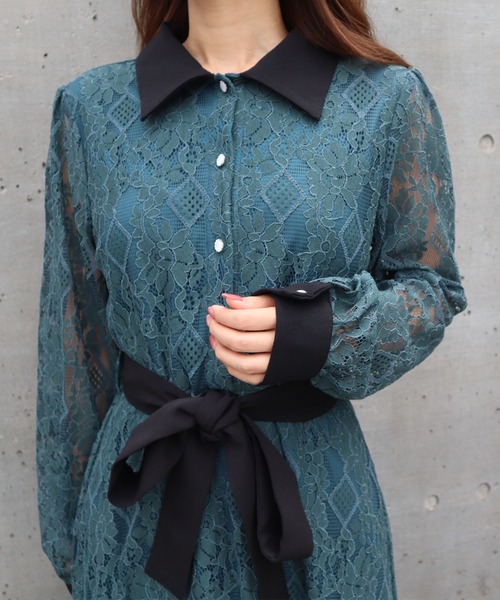 CECIL McBEE（セシルマクビー）の「レース配色クレリックワンピース（ワンピース・レディース・ブラック/アイボリー/ネイビー/ターコイズブルー・MEDIUM）」の17枚目の写真