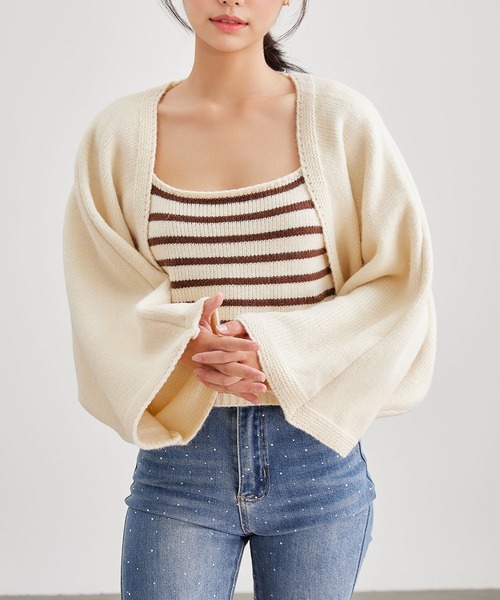 Lace Ladies(レースレディース)の「【2点セット】ボーダー ショール ニット カーディガン(アンサンブル・レディース・ブラック/アイボリー/グレー/ブラウン・FREE)」の11枚目の写真