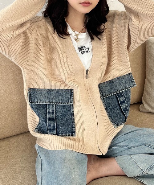 専用　デニム×ニット　素材切り替え　カーディガン デニム切替ニットカーディガン（大きいサイズ・ぽっちゃり女子