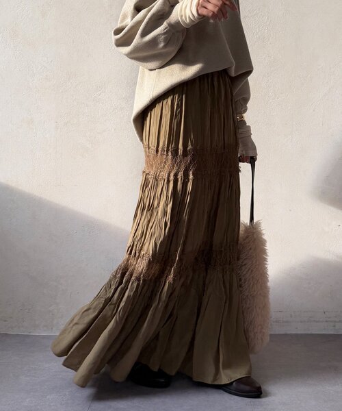 DouDou（ドゥドゥ）の「レース切替ワッシャースカート（スカート・レディース・オフホワイト/ブラック/カーキ・FREE）」の3枚目の写真