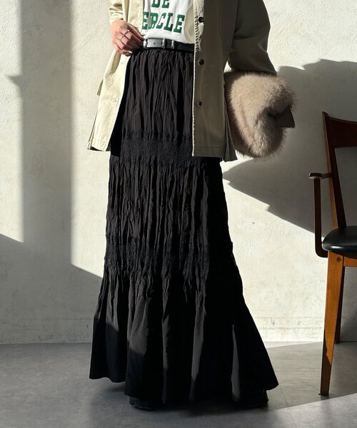 DouDou（ドゥドゥ）の「レース切替ワッシャースカート（スカート・レディース・オフホワイト/ブラック/カーキ・FREE）」の2枚目の写真