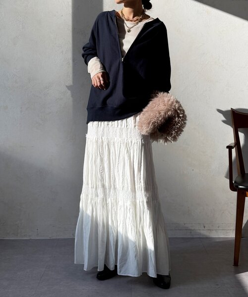 DouDou（ドゥドゥ）の「レース切替ワッシャースカート（スカート・レディース・オフホワイト/ブラック/カーキ・FREE）」の4枚目の写真